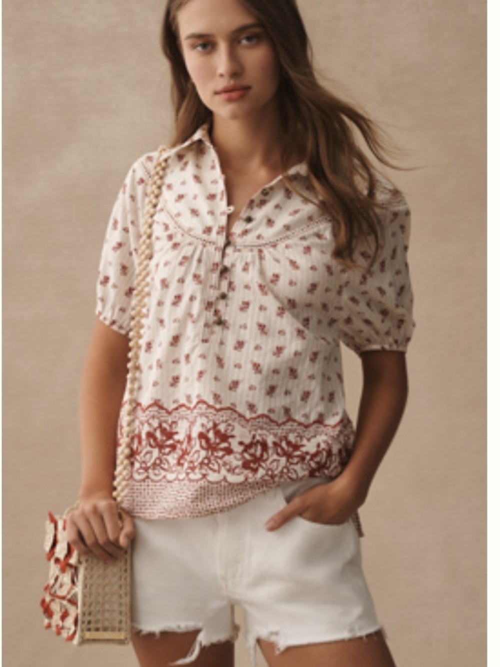 Pilcro Cream Blouse with Rust Floral Border Print